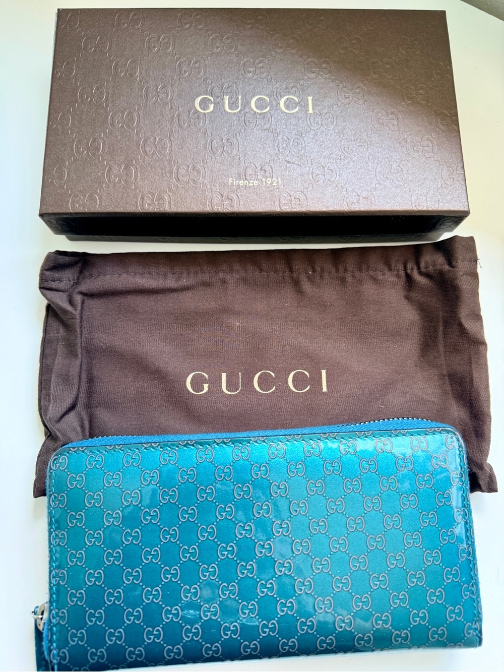 Gucci Teal GG Zip Guccissima Patent Leather Zip Around Wallet